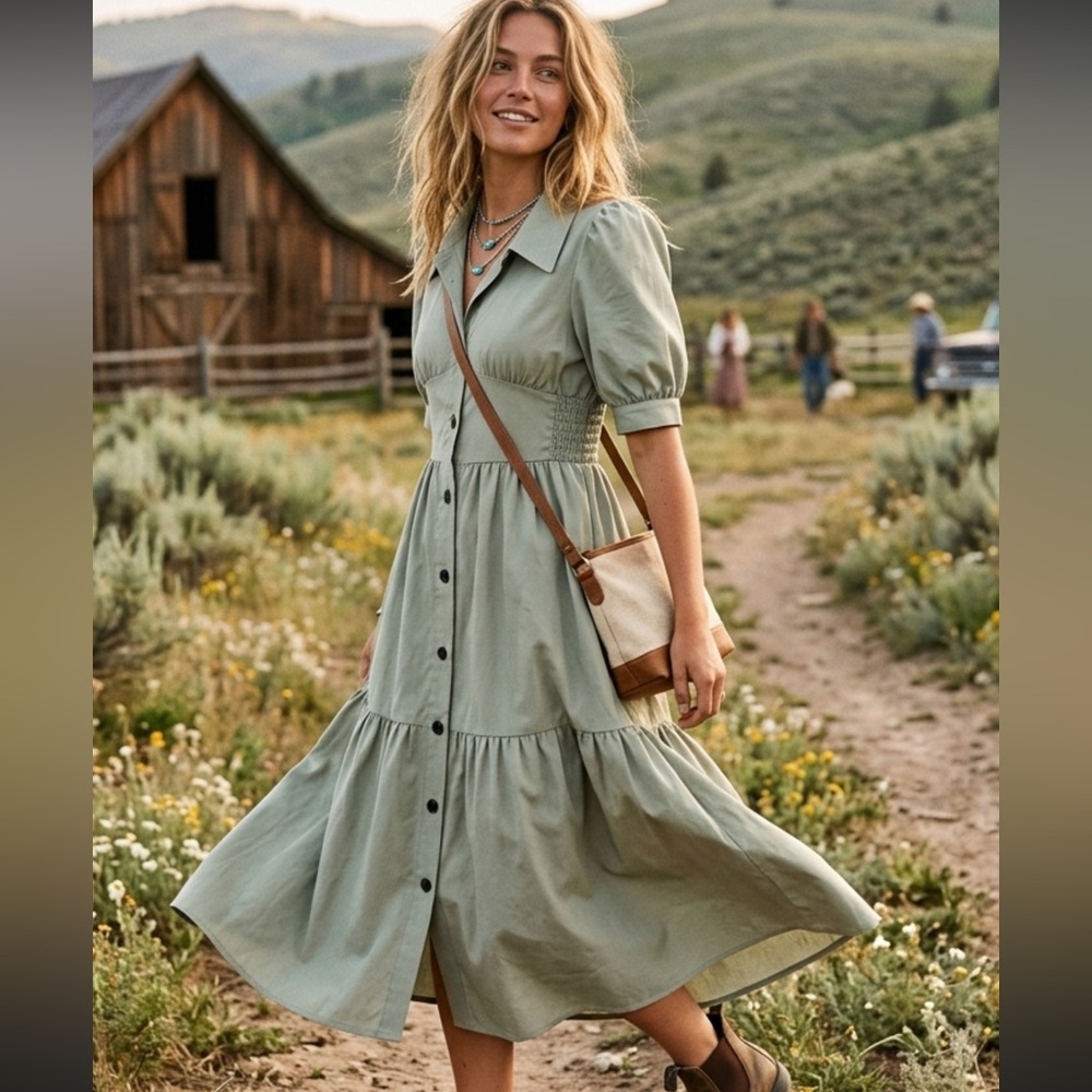 Sage Green Button-Front Midi Cottage Core Dress with Puff Sleeves NWOT